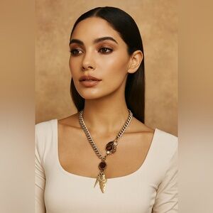 Rachel Roy boho necklace, thick  gunmetal chain, charms, front hook, signed 🪶